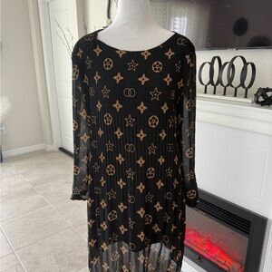 Tan and Black Sheath Midi Dress with Bell Sleeves